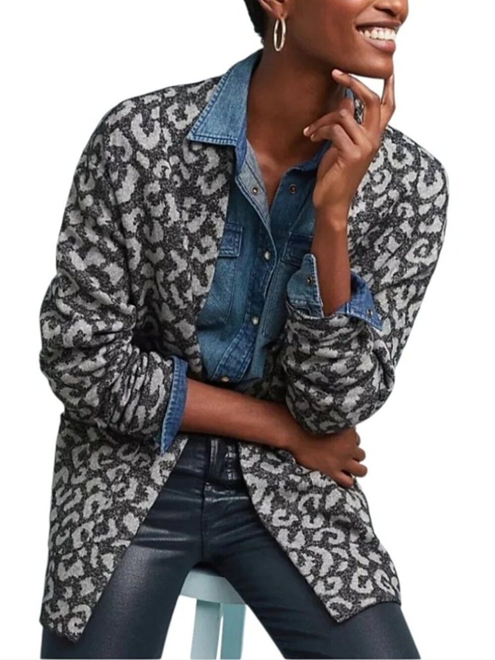 Anthropologie × Michael Stars Leopard Open Shawl Cardigan Gray Small #A3122